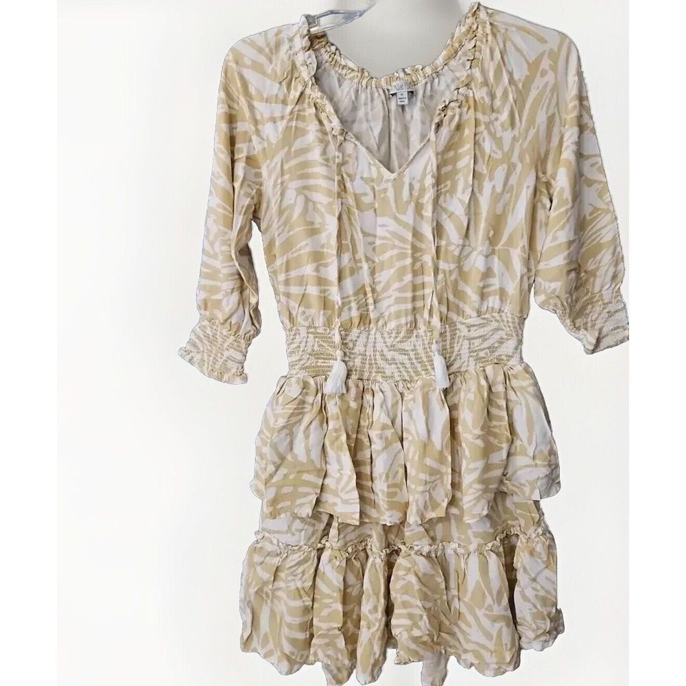 PATRONS OF PEACE Boho Smock Waist Dress Tier Ruffles Tassels Beige & White‎ Med